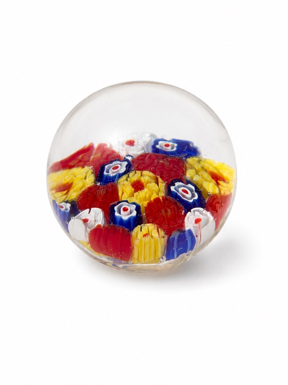 Vintage Colorful Millefiori Glass Paperweight - Red, Yellow, Blue 1.5 “ Diameter